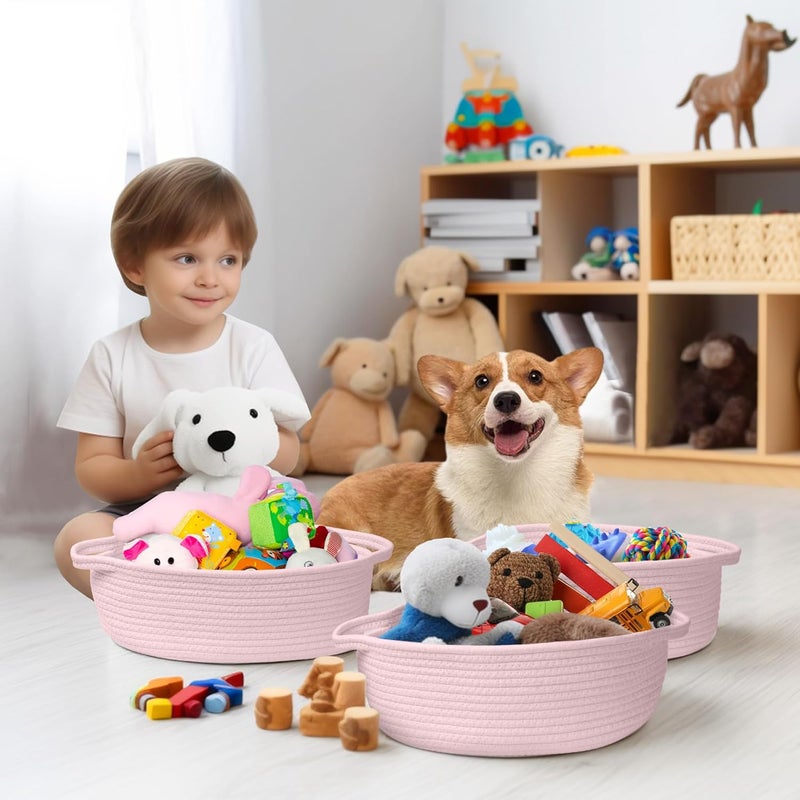 WILLITAT Small Baskets for Gifts Empty, 13"x 9"x 5" Woven Gift Basket with Bag and Ribbon, Cotton Rope Kids Dog Cat Toy Bin Box, Cute Baby Nursery Organizer, Decorative Storage with Handles (Pink) - Image 4